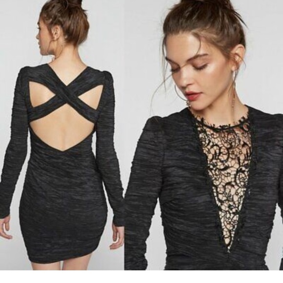 Free People Deep V-Neck Ruched Black Bodycon Long Sleeve Dress - Picture 3 of 7